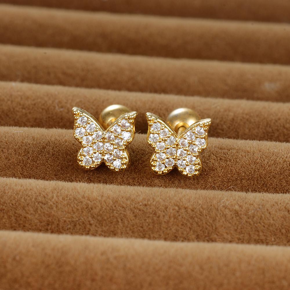 Vintage Gold Color Stainless Steel Butterfly Earrings for Women Zircon Cartilage Piercing Stud Earring Jewelry aretes de mujer
