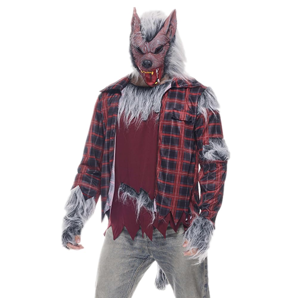 Men Werewolf Costume Full Moon Bloody Wolf Halloween Cosplay Suit with Wolf Mask and Gloves M
