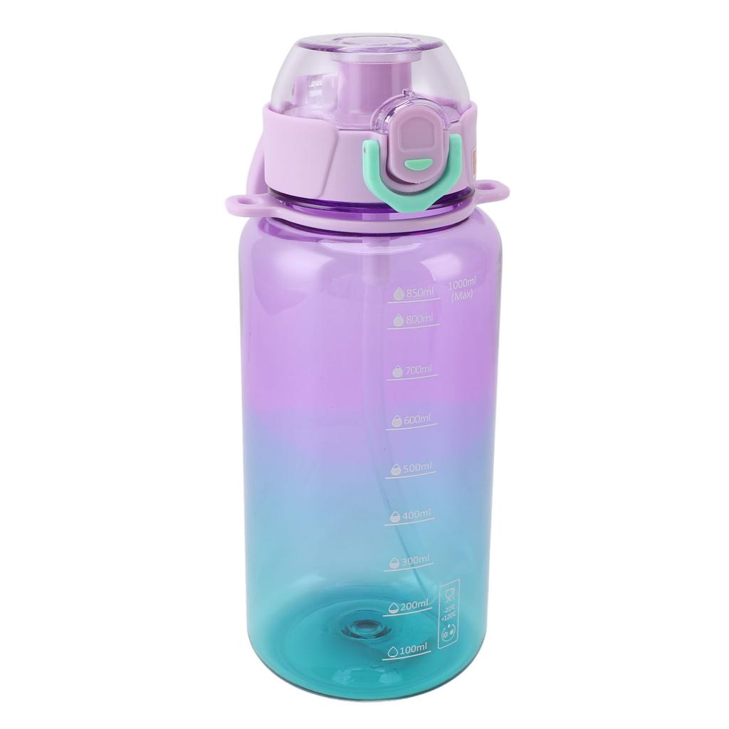 Sports Water Bottle 1000ml Leakage Proof Detachable Straw Portable Water Cup with Handle Shoulder Strap for Students