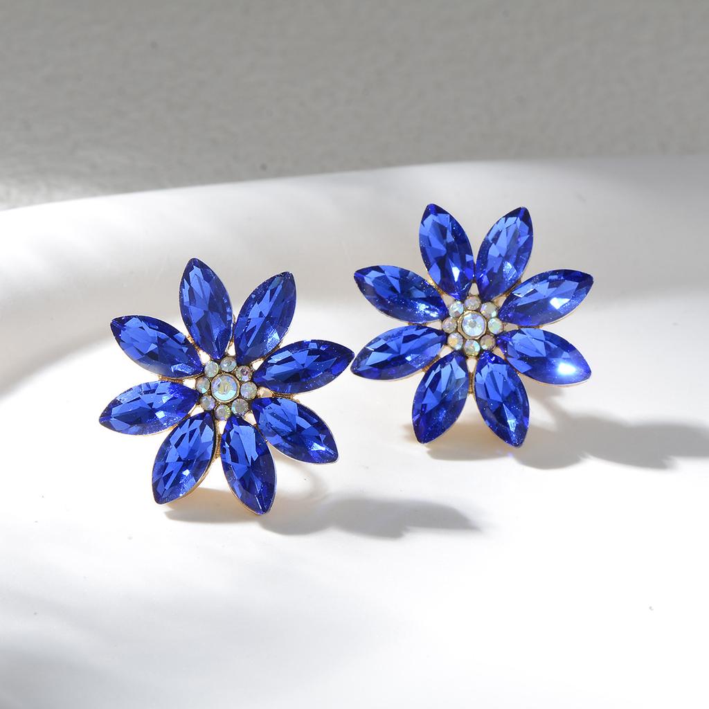 Vintage Light Luxury Colorful Diamond Sunflower Ear Clips High End Crystal Earrings Elegant Evening Party Jewelry