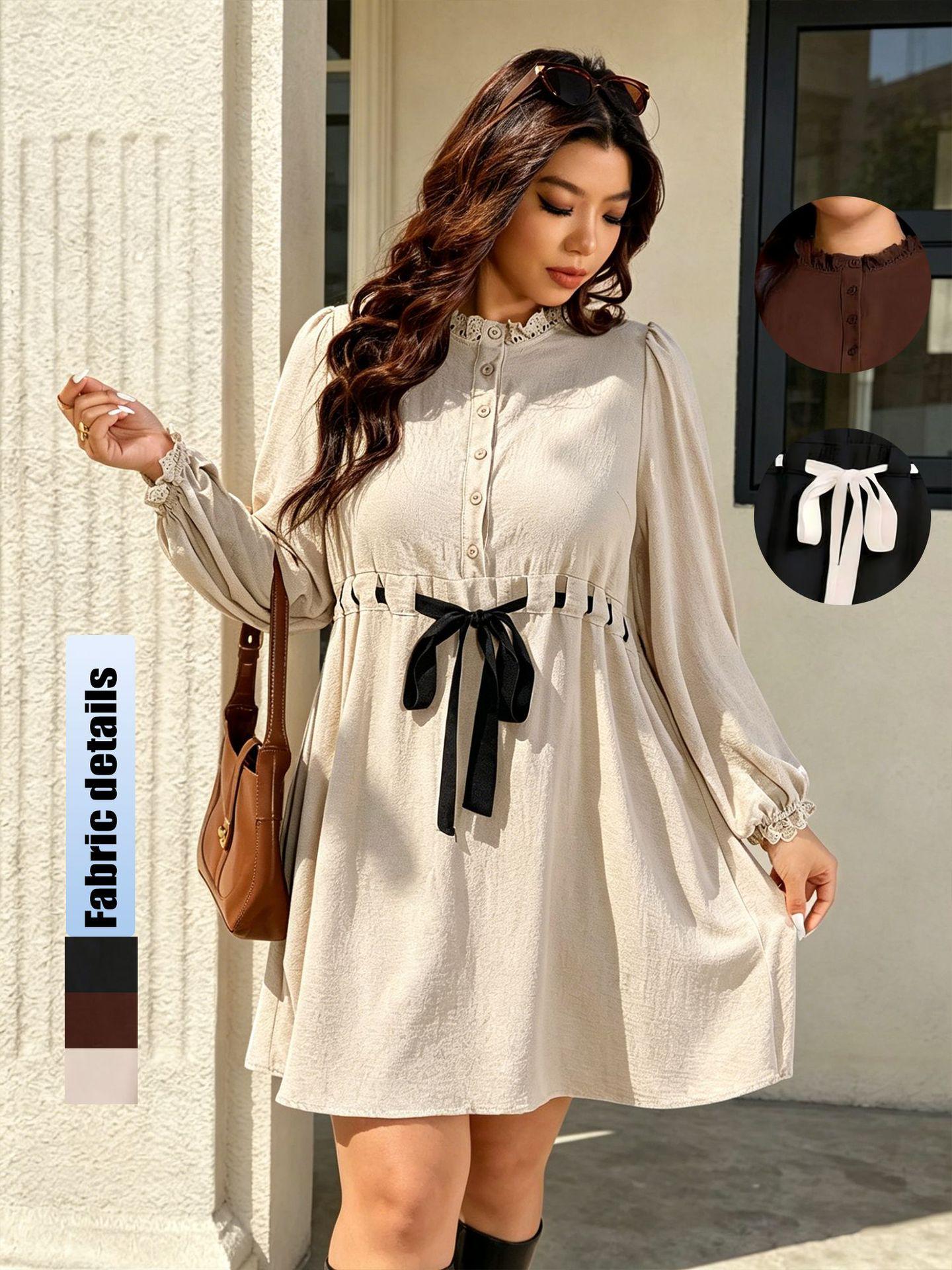 

FatMM Retro V-Neck Lace-Up Waist Plus Size A-Line Skirt Dress 1XL кавовий/коричневий