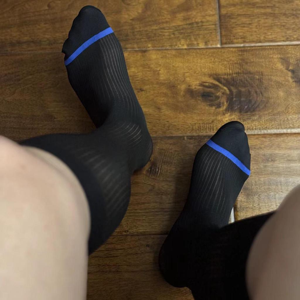 Zhou Men's Navy Black Pinstripe Nylon Business Socks