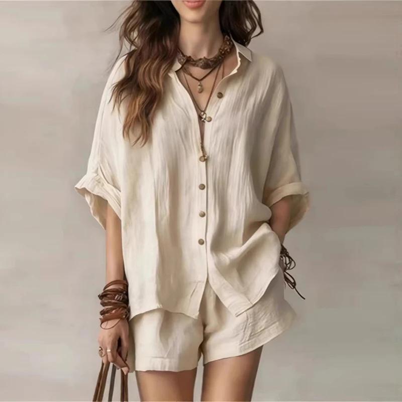 Set Estivo da Donna Tinta Unita Monopetto Manica Corta Camicia Pantaloncini Set Due Pezzi