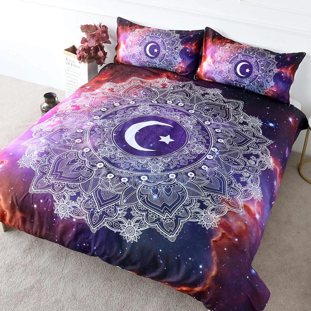Mandala Purple Galaxy Duvet Cover Boho Chic Petal Flower Bohemian Meditation Gypsy Hippie Floral Exotic Retro Decor Women Gifts