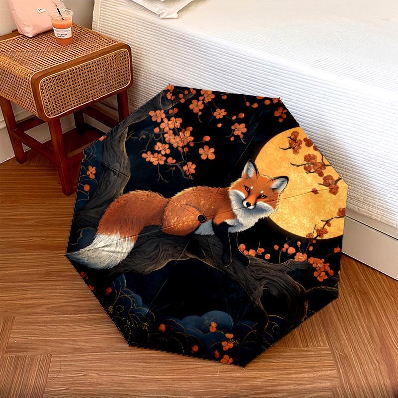 0106 Cherry Blossom Fox Pattern, Automatic Folding Umbrella, Portable and Foldable Design, 8 Ribs, a Christmas or Birthday Gift.