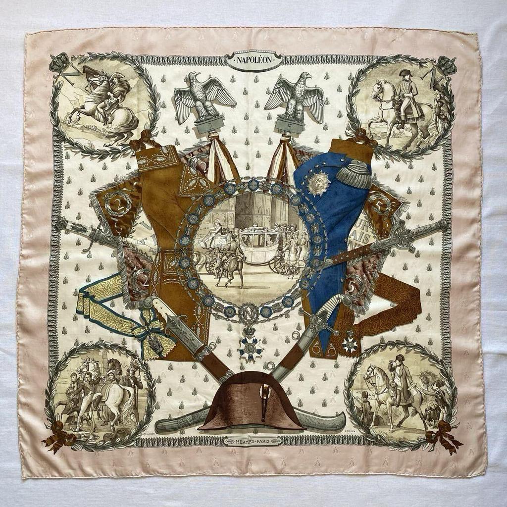 Used HERMES NAPOLEON Scarf Silk Carre 90 Pink Beige Brown Large Vintage