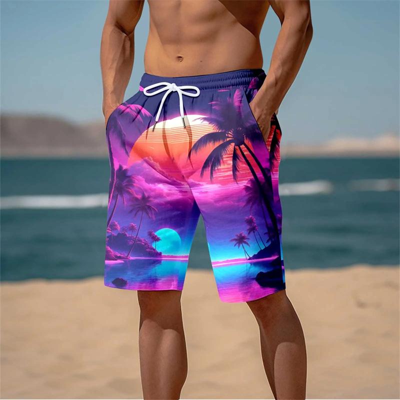Men‘s’ Hawaiian Cool Swimming Trunks Summer New 3D Cocoanut Trees Printing Beach Shorts Palm Tree Shorts