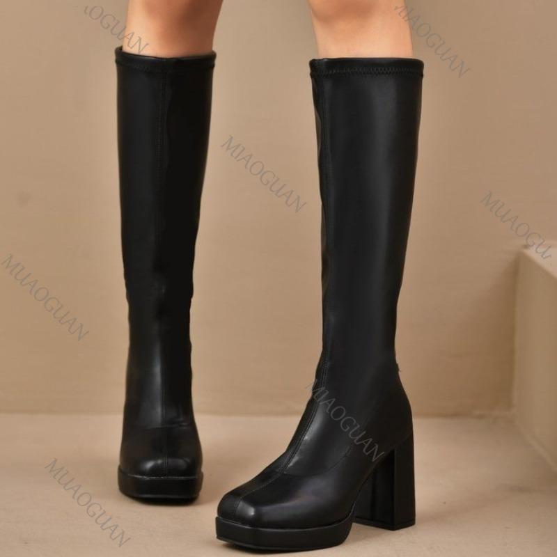 Fashion Boots for Women Square Heeled Chunky Platform Knee-High Boots Woman 2025 Autumn Thick Sole Square Toe Fashion Black Long Botas