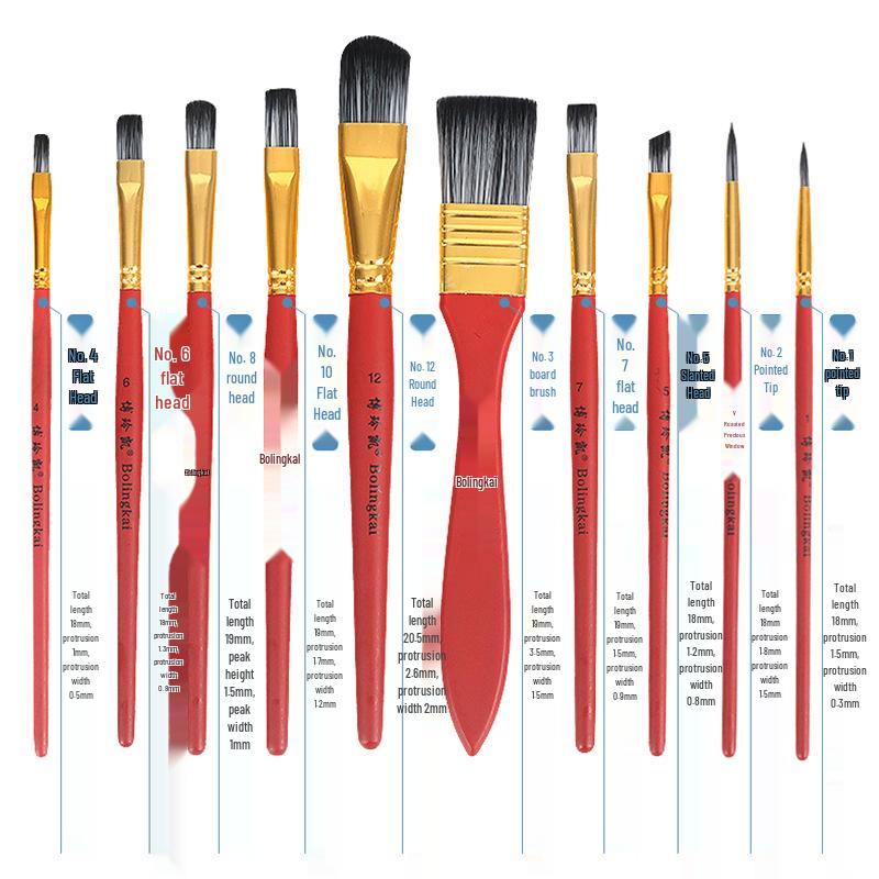 10-Piece Fan Brush Set: Red Handle, Nylon Bristles for Oil, Acrylic, Gouache Painting 10-piece Set