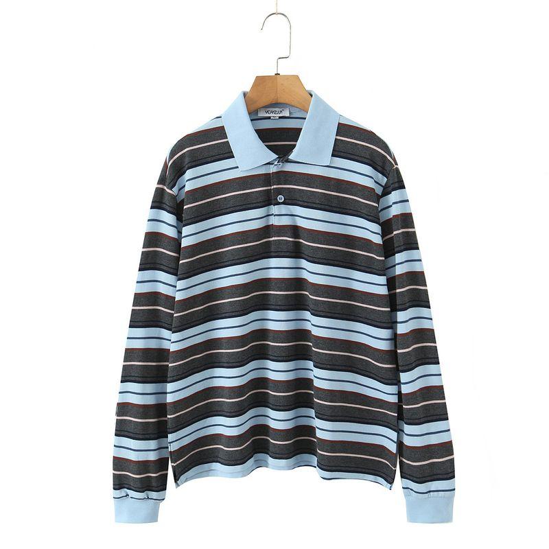 Zbzr New Fall Women's Clothing Fashion Wind Polo Collar Loose Casual Contrast Color Long Sleeves Stripes T-shirt-