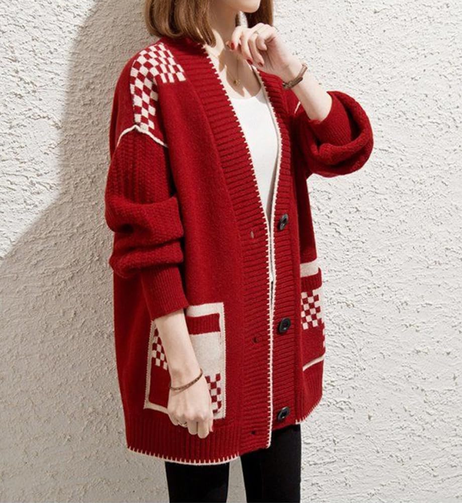TASOGARA Knit Cut and Sewn One Size Fits Loose Plus Women's Cardigan, Sweater, Outerwear, V-Neck, Most, Fit, Casual, Sizes, Fall/Winter (Red)