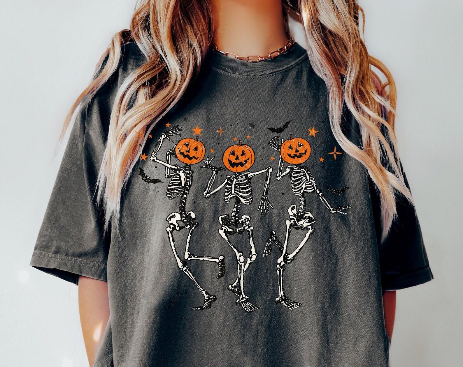 Comfort Colors® Retro Halloween Shirt, Dancing Skeletons Shirt, Pumpkin Halloween Aesthetic, Vintage Women s Halloween Shirt, Graphic Tee L