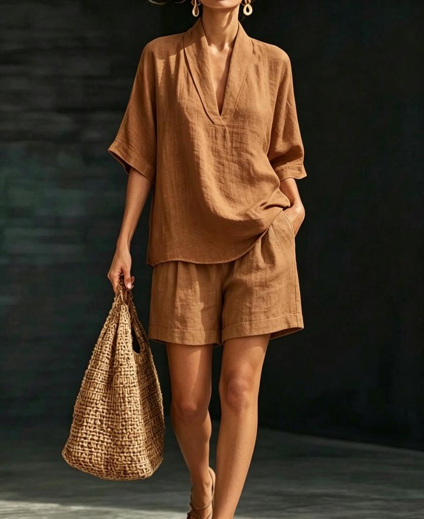 Vintage Style Women's Linen Suit: Loose V-Neck Top & Wide Leg Pants Two-Piece Set for Summer