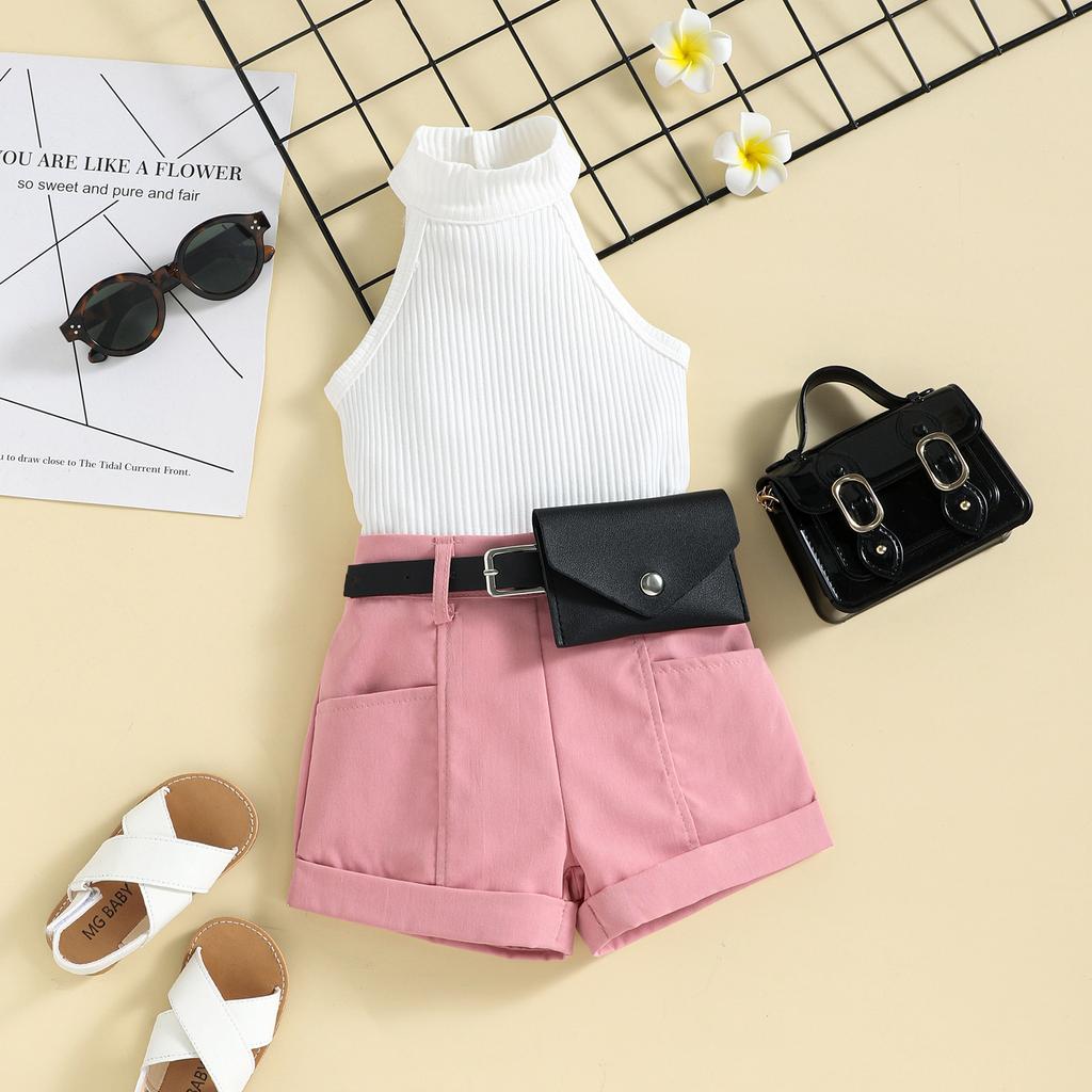 Girls Summer Halter Tank Top Shorts Belt Bag Set