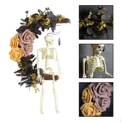 Halloween Skeleton Wreath Front Door,Holiday Festival Artificial Flower Moon for