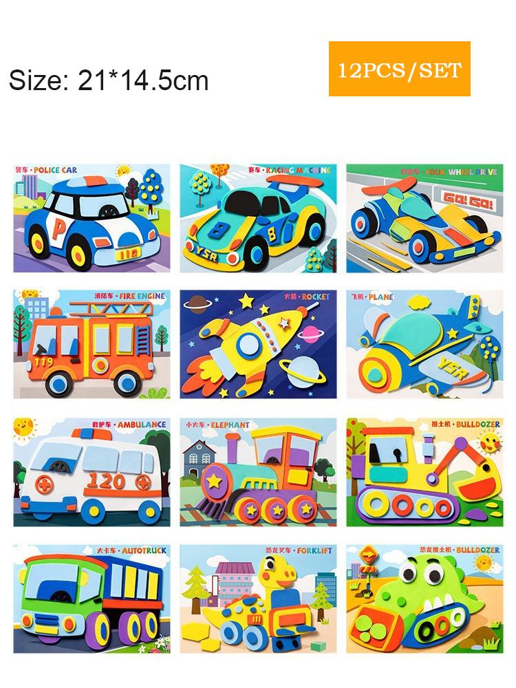 12 Pcs/Set Children's 3D EVA Stickers Kindergarten Boys and Girls Educational Handmade Sticker Paper Craft DIY Material Kit Toy