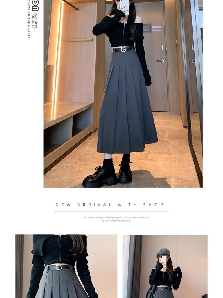 2024 New High Waist Black Woolen Pleated Midi Skirt for Autumn/Winter