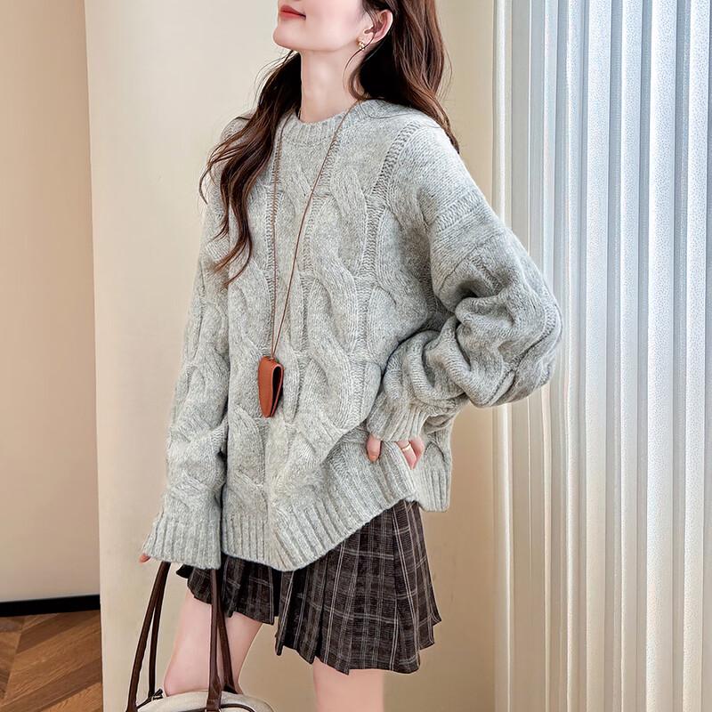 TonLion Women's Cable Knit Round Neck Pullover Sweater