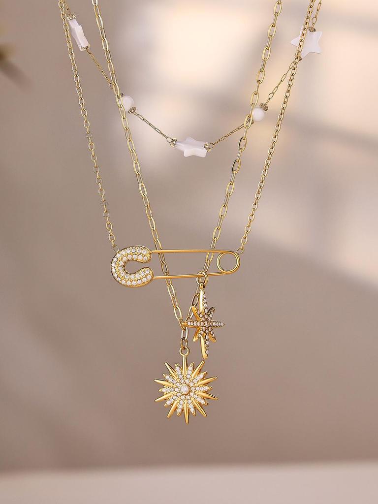 INS Inspired Design: 5A Zircon Star and Sunflower Brooch & Necklace Bracelet Set