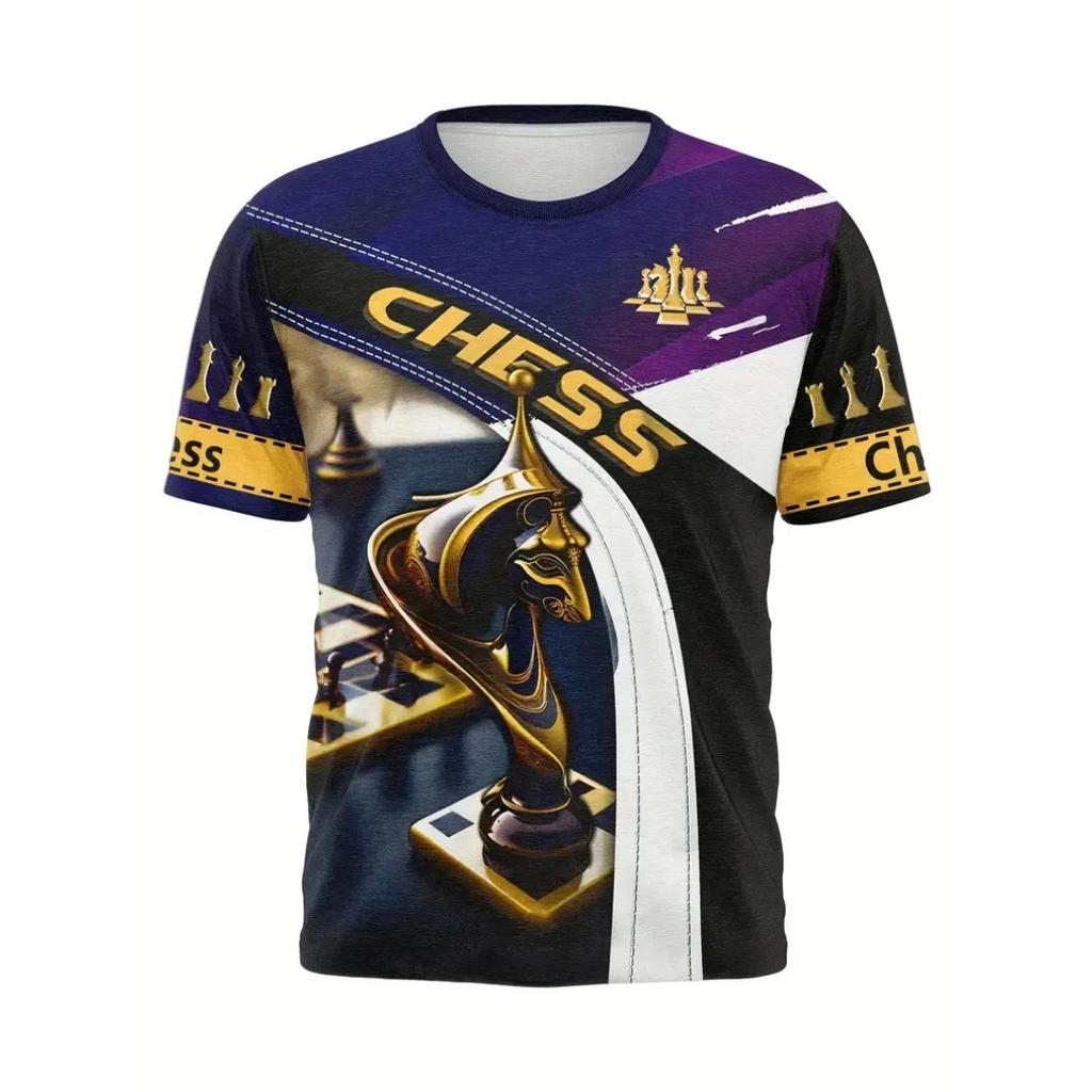 Summer Round Neck 3D Print CHESS Pattern Top Fashionable Casual Short Sleeved Men's T-shirts