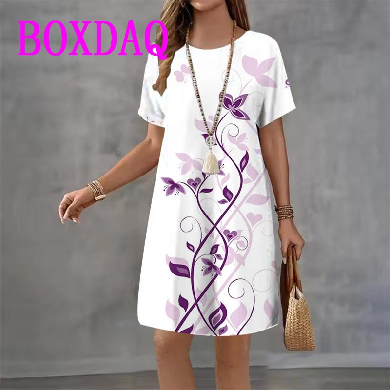 Vintage Floral Printed Women's Dress Short Sleeve O-Neck Loose Casual A-Line Dress Retro Women Summer Sundress