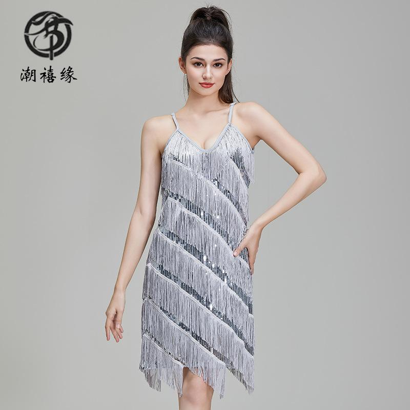 Prom sequins fringed Latin dress V-neck party dress performance dress stage performance competition dress