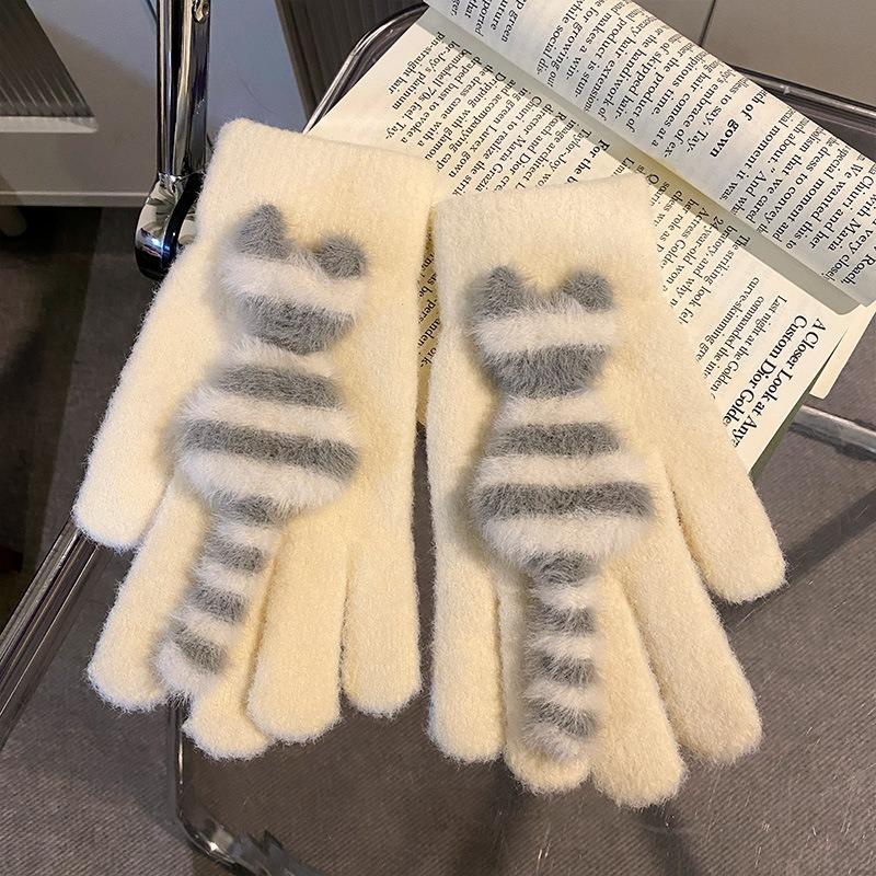 Cute Striped Cat Finger Knitted Wool Gloves Female Winter Thickened Warm Cold Student Riding
