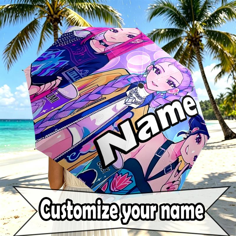 Custom Name Personalized KPop Demon Hunters Print Umbrella, Auto Open Close, 8‑Rib Sturdy Frame, Commute Camping Hiking Use, Birthday Gift