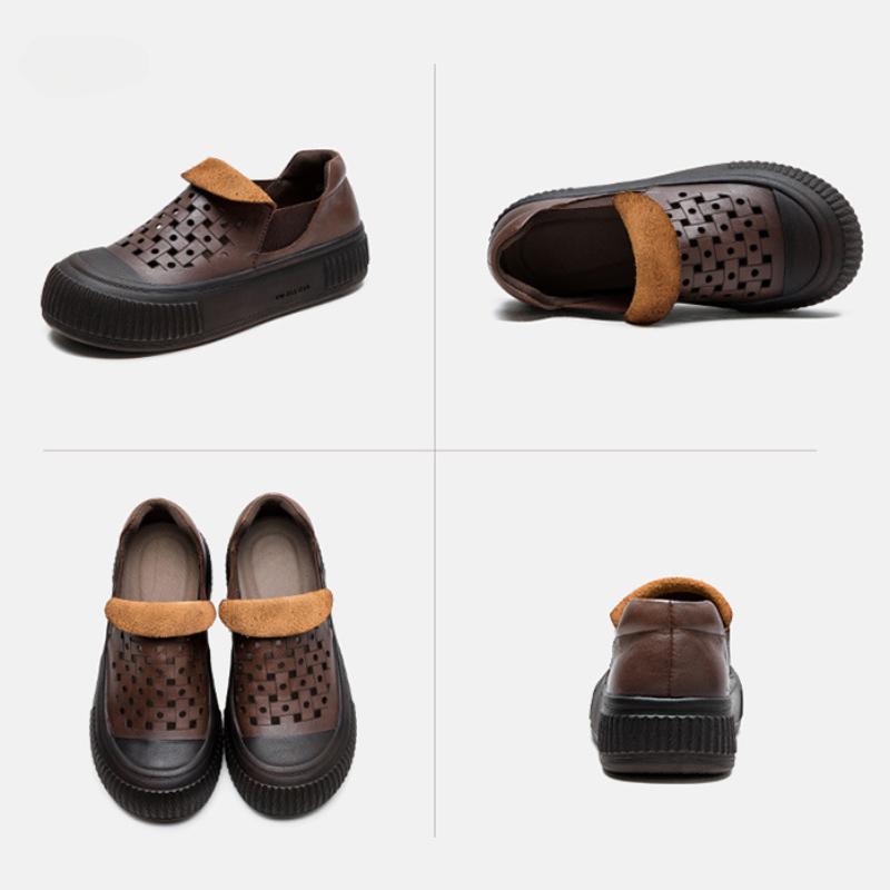 Johnature Simple Breathable Hollow-out Shoes Retro Genuine Leather Thick Sole Women's Flat Platform Shoes