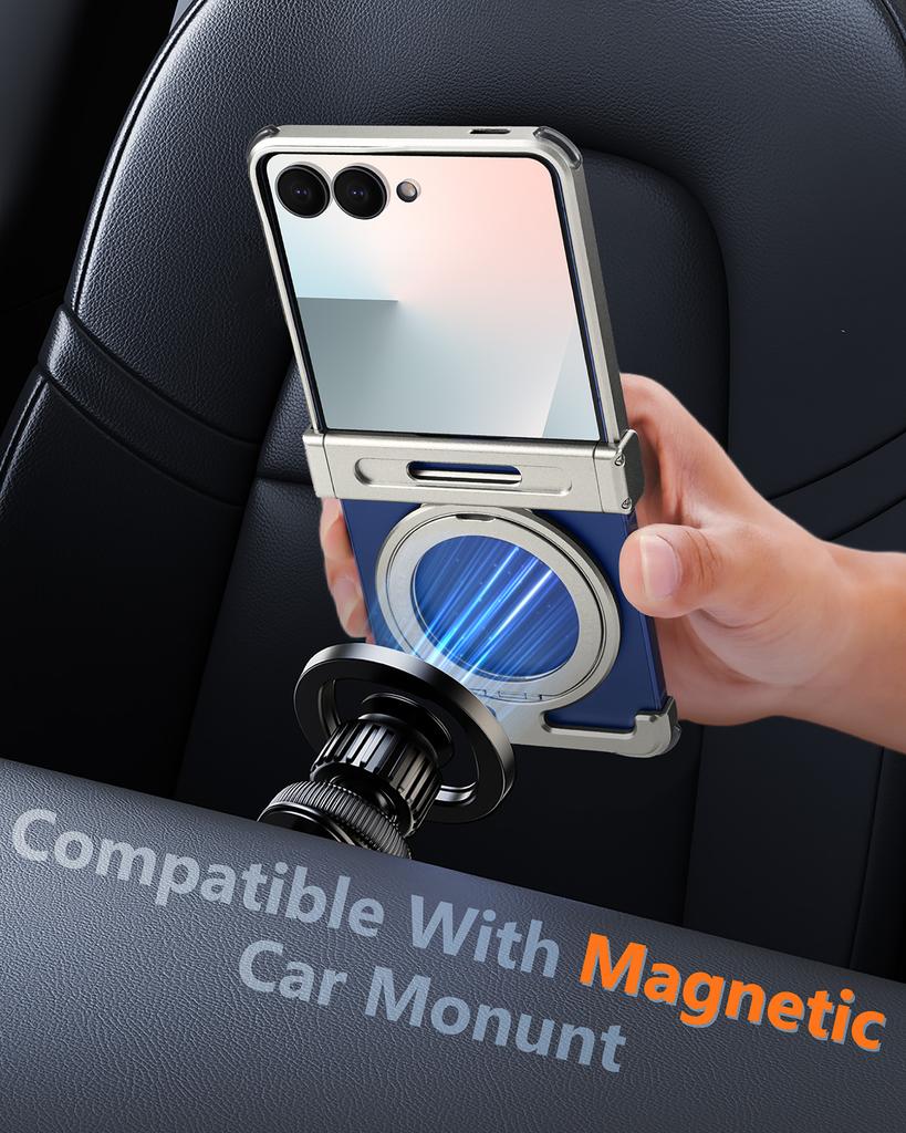 Oatsbasf Metal Frameless Phone Case for Samsung Galaxy Z Flip 7 with 360° Rotatable Stand Magnetic Shockproof Protective Cover