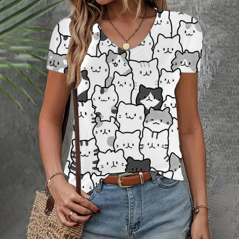 2026 New Women s Clothing T-shirt Summer Loose Short Sleeve 3d Cat Print Top Fashion V-neck Casual Clothing Women s T-shirt L