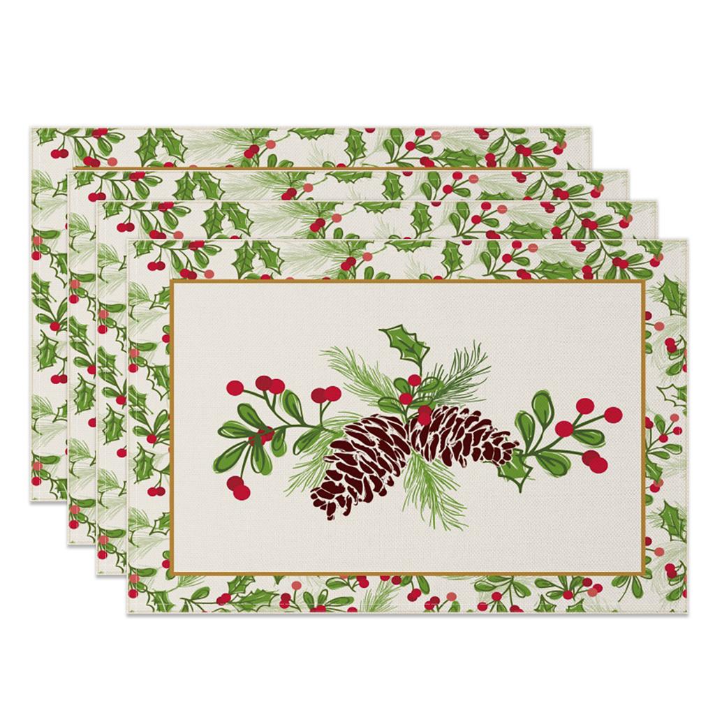 4pc/set 2025 Christmas Placemats Snowman Santa Pinecone Green Theme Holiday for Xmas Decor Linen Washable Christmas Tableware