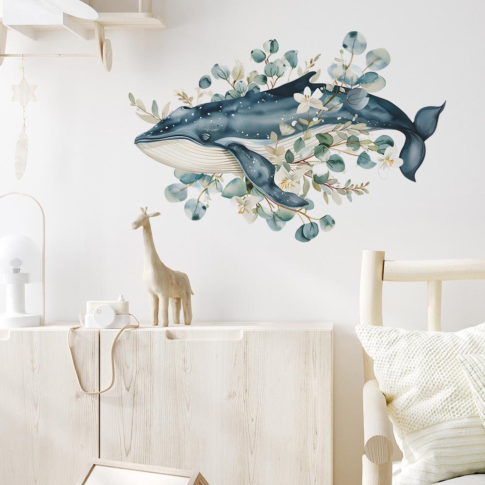 Cartoon Hand-Painted Whale Flower Leaf Wall Sticker Self-Adhesive for Bedroom Living Room Wall Decoration