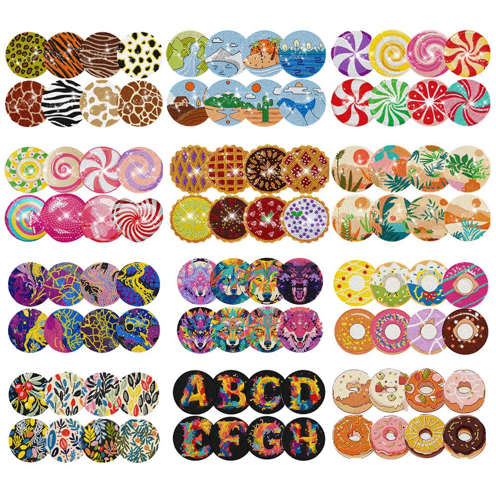 8 Pcs Diamond Painting Crafts Coaster Sandy Coastline Wooden Biscuit with Holder Doughnut for Adults Kids Beginner Gift Supplies