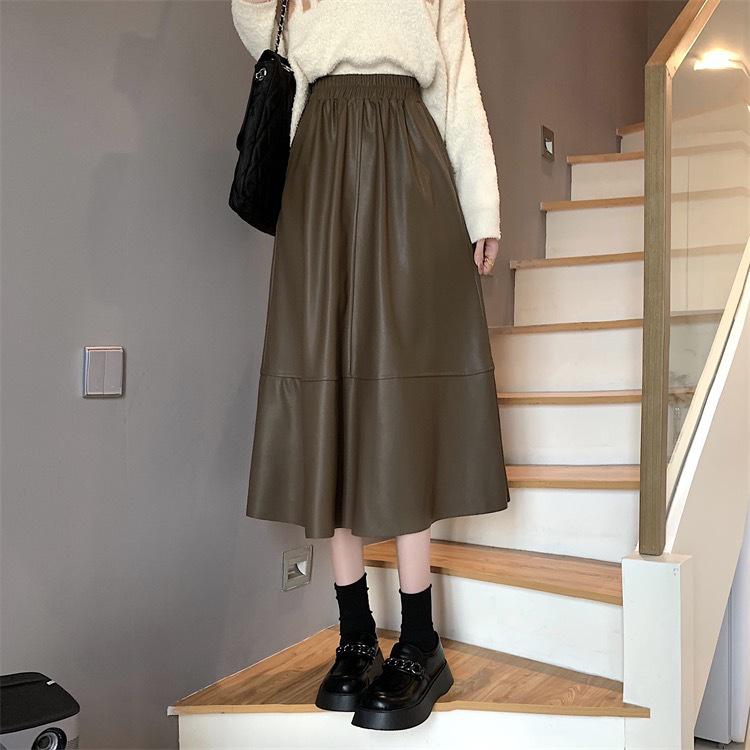 Women's Black High-Waist Leather Skirt: Autumn/Winter, Plus Size, Slimming, Mid-Length Umbrella Skirt