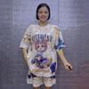 Women's Summer Cartoon Plus Size Two-Piece: Loose Knit Crew Neck Cutout Ice Silk Top & Hot Drilling Fashion Tee