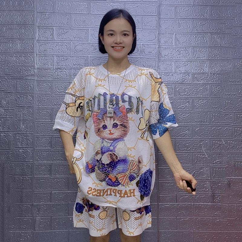Women's Summer Cartoon Plus Size Two-Piece: Loose Knit Crew Neck Cutout Ice Silk Top & Hot Drilling Fashion Tee