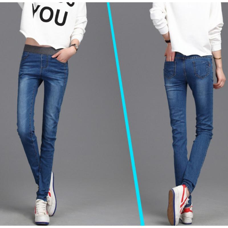 

Весенне-осенние женские эластичные джинсы со средней талией больших размеров, эластичные брюки небольшого размера 34 светло-синий