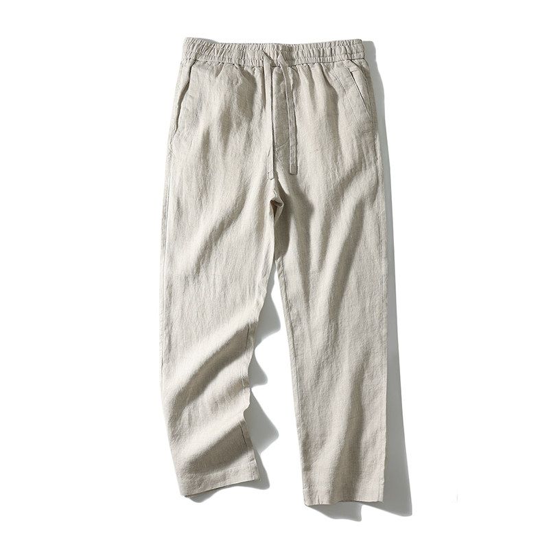 Summer Thin 100% Pure Linen Pants for Men, Loose Straight Cotton-Linen Cropped Pants, Export Men's Casual Long Pants