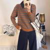 Womens Oversized Knit Sweater With Shirt Collar Color-Block Striped Long Sleeve Pullover Winter Office Wear
