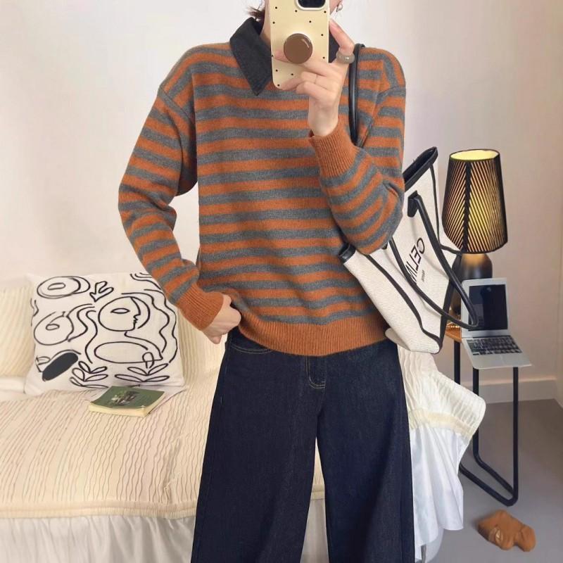 Womens Oversized Knit Sweater With Shirt Collar Color-Block Striped Long Sleeve Pullover Winter Office Wear