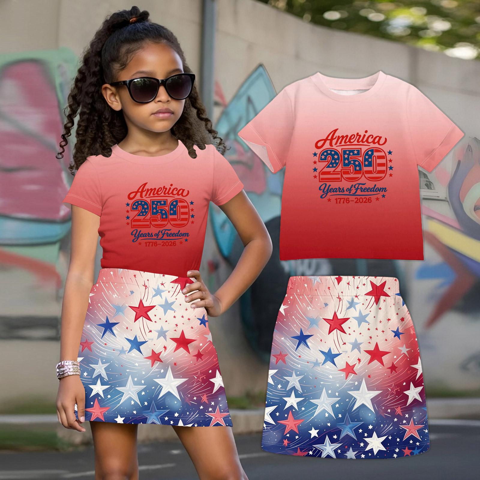 

Girls Independence Day Two Piece Outfit Short Sleeve Crew Neck Top and Star Print Skirt Set Casual Loose Fit Summer Clothing 160 винний
