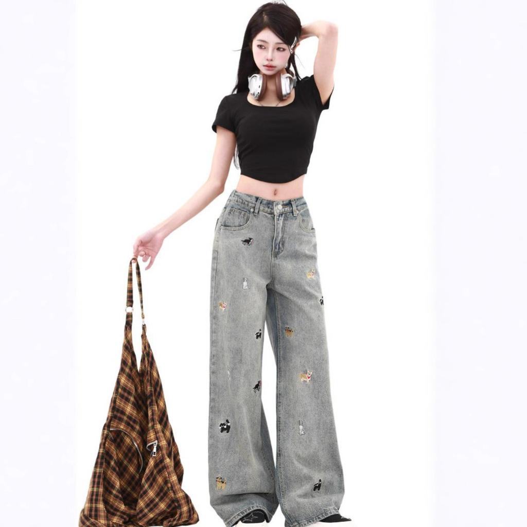 Bequeme Vintage Welpenstickerei High-Waist Weitbeinjeans Damen Locker Dünn Gerade Schleppende Hose Jeans für Damen Lange Jeans