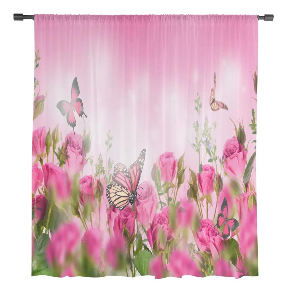 Flowers Butterfly Rose Tulle Translucent Drapes for Living Room Decoration Window Curtain ideal for Bedroom Kitchen Area Voile Organza Curtains