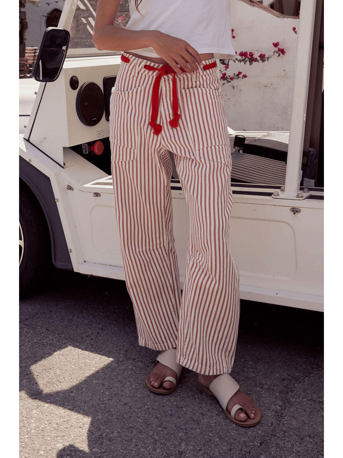 Women s Patchwork Loose Straight-Leg Drawstring Pants L красный