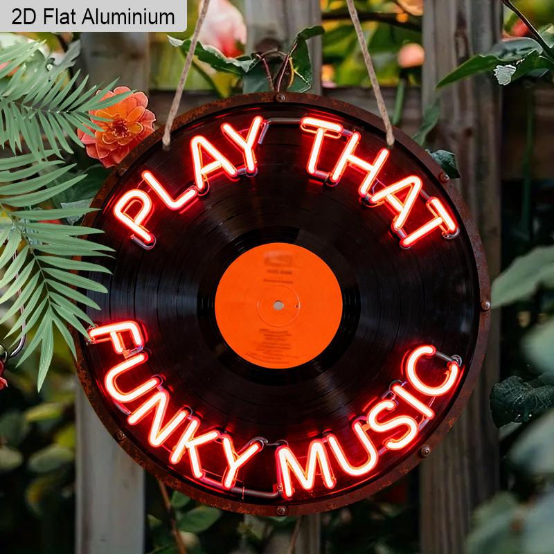 2D Flaches Aluminium Spiel Das Funky Musik 7,87 Zoll Schild CD Platte, Warme Rote Buchstaben Neon Up Schild für Wanddekoration Musik, Karaoke Bar Club Plattenladen