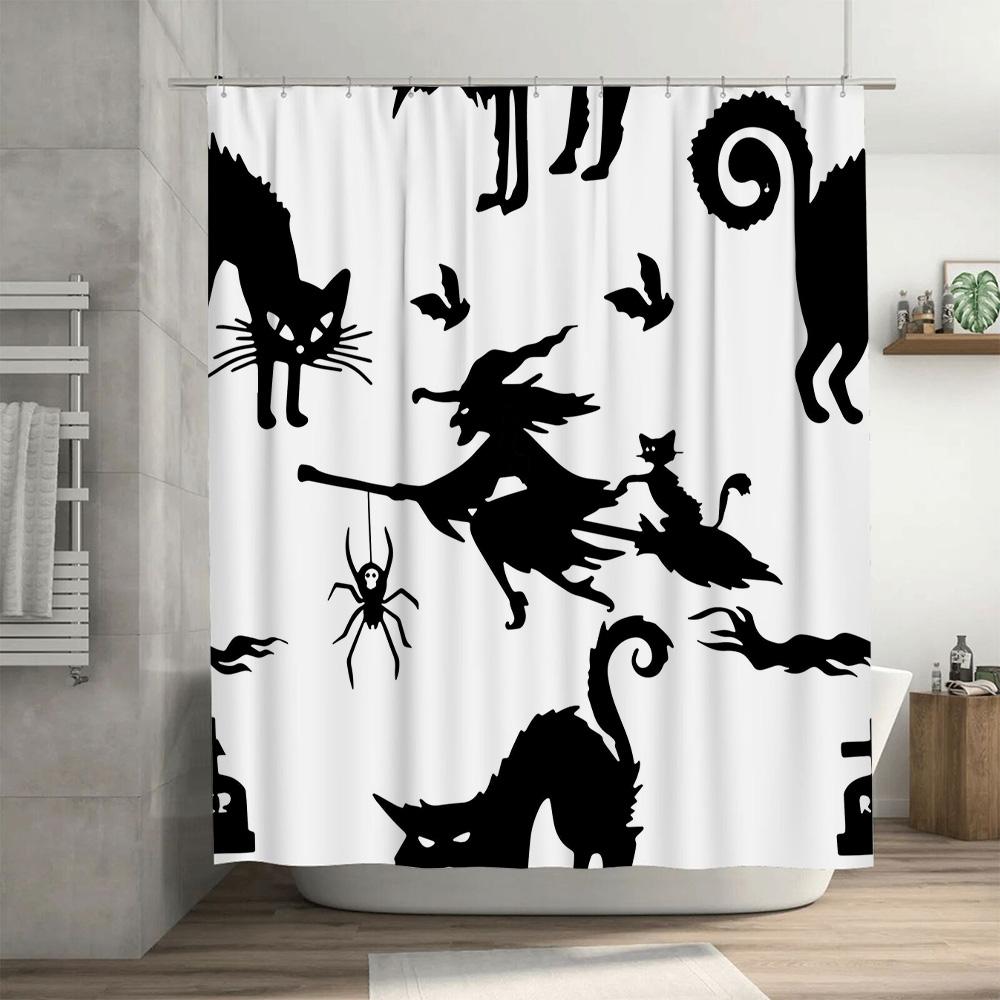 Black Silhouette Halloween Shower Curtain Witch Cat Spider Dragon Bat Print Polyester Fabric for Bathroom Decor White 72x84in