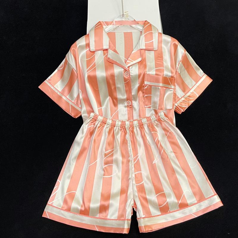 Pajamas Women'S Summer Thin Cool Short-Sleeved Style Cute Striped Imitation Silk Loungewear Set