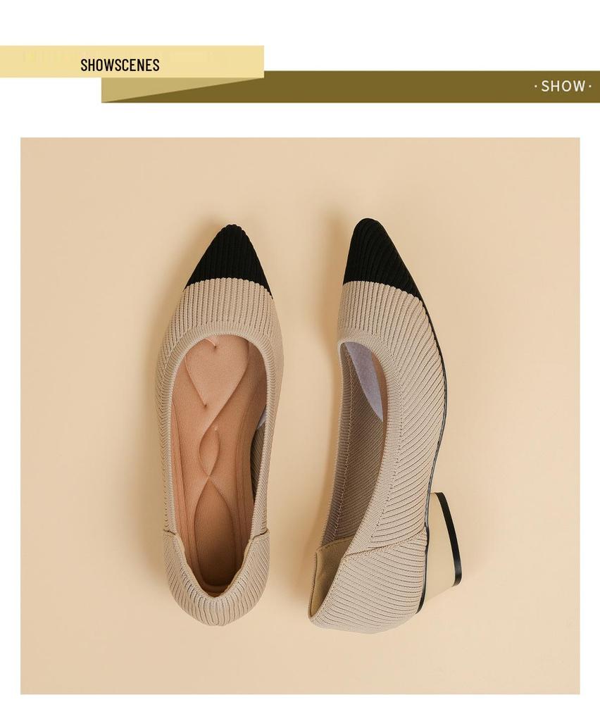 B35-3 Pointed Toe Low-Cut Chunky Heel Breathable Plus Size Striped Knit Shoes