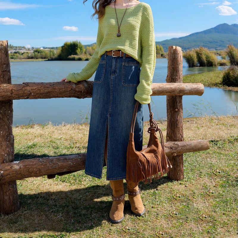 Sancai 2026 Spring Denim High-Waist Slit Skirt